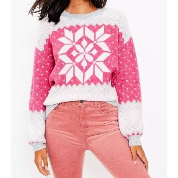 Loft Womens Snowflake Fair Isle‎ Wool Blend Sweater Blouson Sleeve Drop Shoulder - Picture 1 of 16